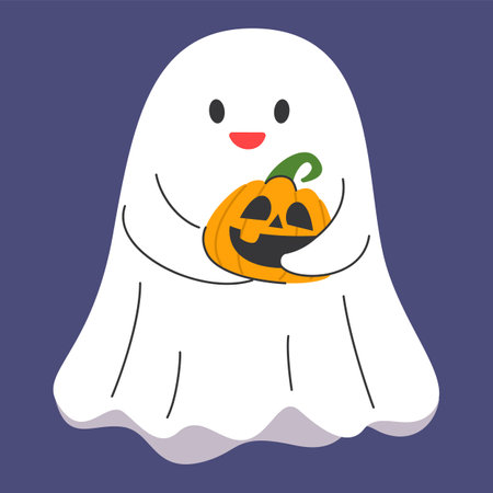 Cute ghost holding a pumpkin vector isolated. Halloween holiday decoration. Trick or treat, funny character. autumn holiday party.のイラスト素材