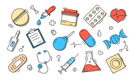 Medicine icon set vector isolated. Collection of doodle icons, pharmacy, medicine and healthcare concept. Hand-drawn pills, plaster and prescription.のイラスト素材
