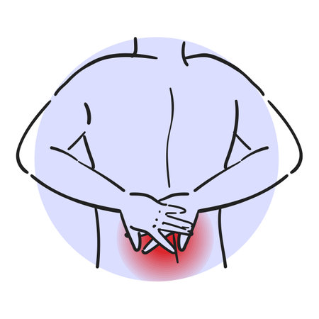 Pain in the back vector isolated. Person feel spinal ache, hands touching painful area. Damaged low back muscles.のイラスト素材