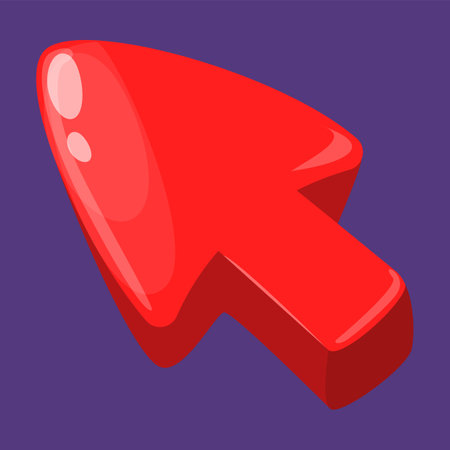 Red arrow, game icon vector isolated. Glossy, shiny cursor. game interface element. cartoon shape arrow.のイラスト素材