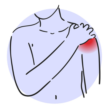 Pain in the shoulder vector isolated. Person touching painful area, physical injury. Osteoporosis, rheumatism or arthritis. joint diseaseのイラスト素材