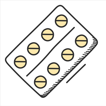 Pills in blister doodle icon vector isolated. Illustration of medicine in hand-drawn style. Health care and medicine, illness treatment.のイラスト素材