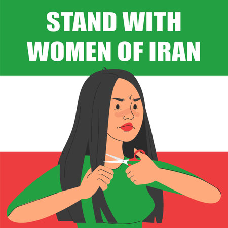 Woman cut her hair in solidarity with women of Iran. Women, life, freedom. Flag of Iran in the background. Feminist protest.のイラスト素材