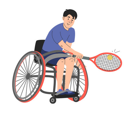 Disabled person in wheelchair playing tennis vector isolated. Illustration of a sport training of a man with a disability. Tennis player holding racket.のイラスト素材