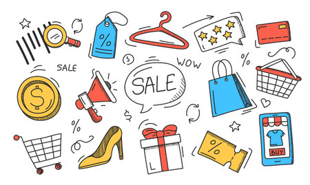 Shopping doodle icons vector isolated. Collection of cute hand drawn pictograms. Shopping basket, credit card and various accessories.のイラスト素材
