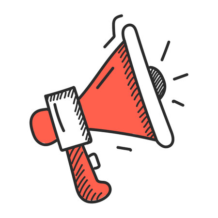 Doodle megaphone icon vector isolated. Cute and funny symbol of communication. Red bullhorn, loudspeaker.のイラスト素材