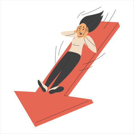 Stressed woman falling down the red arrow vector isolated. Concept of failure and financial loss. Big trouble, business crisis. character sliding down the arrow.のイラスト素材