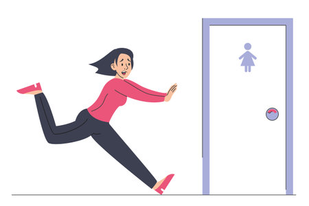 Woman with diarrhea running to the toilet door vector isolated. Female character wants to pee. WC door. Girl with full bladderのイラスト素材