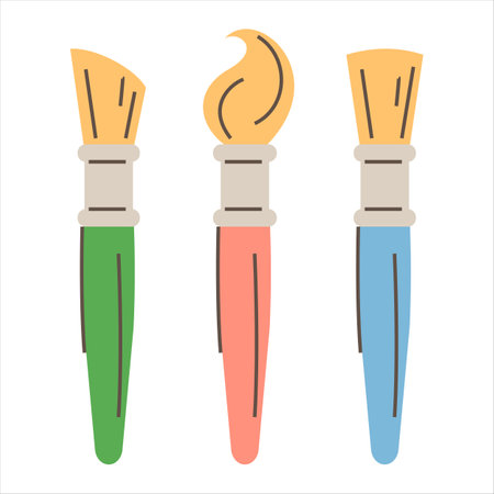 Paint brush set vector isolated. Drawing equipment, artistic tool. Cute doodle burshes for drawing. Creative concept. Group of brushes of different shapes, angled and rounded brushes.のイラスト素材