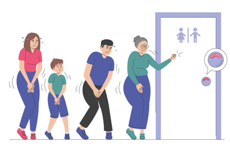 People standing in line to the closed toilet door vector isolated. Occupied bathroom. Group of people need to pee, waiting in line.のイラスト素材