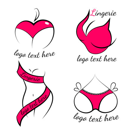 Lingerie shop logo set vector isolated. Collection of sexy red logotypes for female underwear. Concept of beautiful clothing, female fashion. Pink lingerie.のイラスト素材