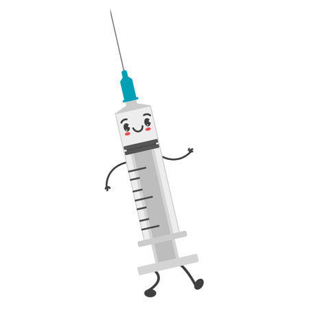 Cute and funny syringe character walking vector isolated. Illustration of a medical tool with needle. Concept of medicine and immunization. smiling character.のイラスト素材