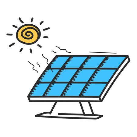 Solar panel icon in doodle style vector isolated. Illustration of an ecology friendly technology. Alternative electrical power. Symbol of sun and solar panel.のイラスト素材