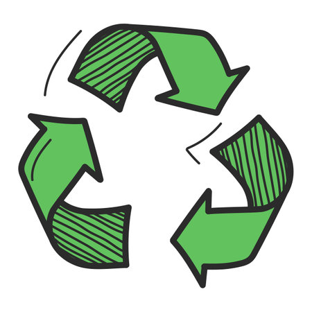 Recycling icon in doodle style vector isolated. symbol of recycling. Three green arrows. Concept of environmental care. Stop pollution.のイラスト素材