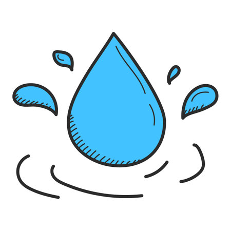 Water drop icon in doodle style vector isolated. Illustration of a blue liquid. simple design element. Symbol of raindrop.のイラスト素材