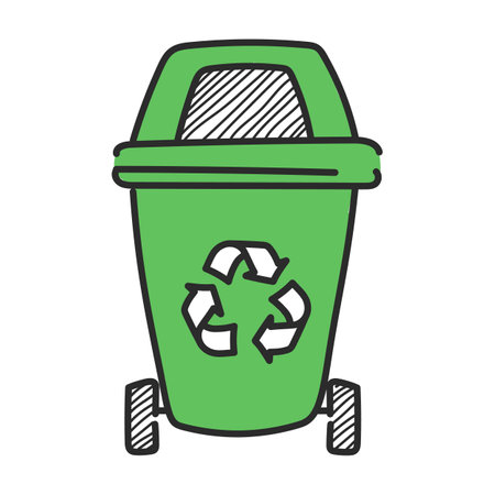 Garbage bin with recycling symbol doodle icon vector isolated. Recycle waste, hand-drawn symbol of waste container.のイラスト素材
