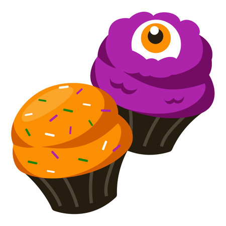 Halloween cupcakes vector isolated. Trick or treat, autumn holiday. Sweet muffin with delicious cream. Purple and orange cupcake, eye decoration.のイラスト素材