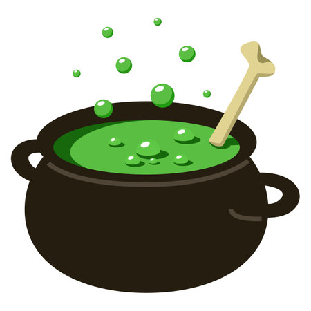 Green poison in pot vector isolated. Spooky magic soup boiling in black cauldron. Bone in the pot. Halloween party decoration. Spooky night.のイラスト素材