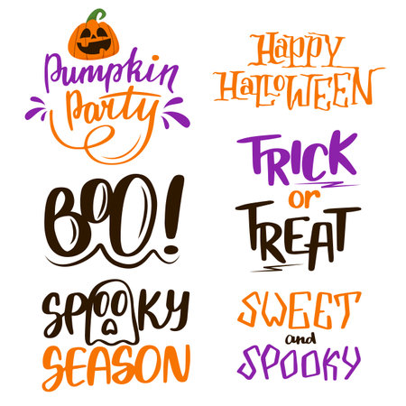 Halloween lettering phrases set vector isolated. Collection of design element for autumn spooky party. Trick or treat, sweet and spooky. Happy Halloween and welcome to the pumpkin party. cute ghost.のイラスト素材