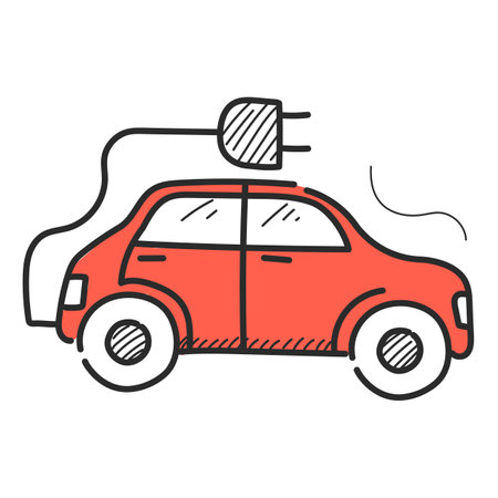 Electric car doodle icon vector isolated. Symbol of alternative energy, ecology friendly technology. Electrical plug connected to vehicle.のイラスト素材