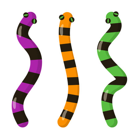Jelly worms vector isolated. Illustration of sweet dessert for Halloween party. Gummy worm. Tasty snack, purple, orange and green color.のイラスト素材