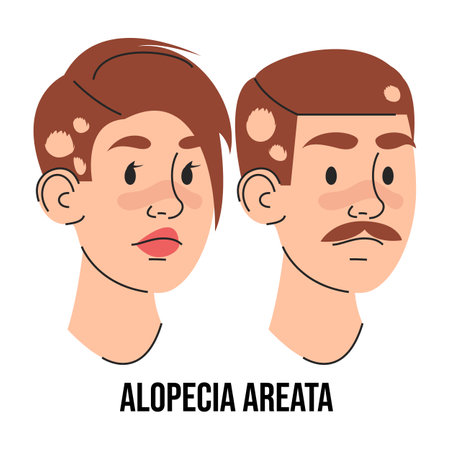 Alopecia areata vector isolated. Male and female character suffering from hair loss. Problems with health. Medical condition.のイラスト素材