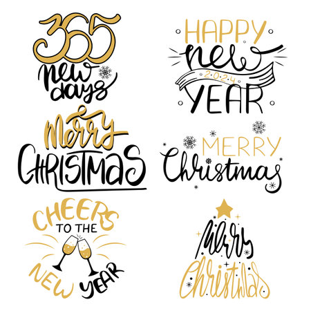 Merry Christmas and Happy New Year lettering set vector isolated. Design element for posters and greeting cards. Hand-drawn type. Text decoration.のイラスト素材