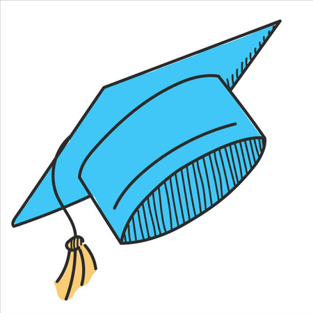Graduation cap in doodle style vector isolated. Illustration of a blue hat with tassel. Concept of academic success.のイラスト素材