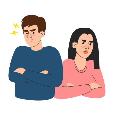 Female and male characters angry at each other vector isolated. Illustration of unhappy couple in conflict. Problems in relationship.のイラスト素材
