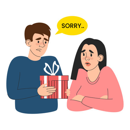 Man with a gift asking for forgiveness vector isolated. Sad beautiful woman. Couple after quarrel, young adult with a gift surprise.のイラスト素材