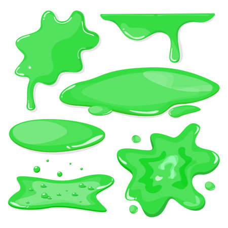 Green slime splatter set vector isolated. Illustration of green puddles of different shapes. Poisonous radioactive liquid.のイラスト素材