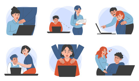 Sexual harassment in the office vector isolated. Employee suffering from abuse, unwanted attention from the boss. Lustful colleague at the workplace.のイラスト素材