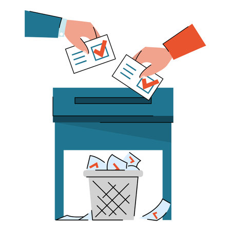Electoral fraud vector isolated. Vote rigging and corruption. Fraud in politics. People put vote ballots in box and they fall in garbage bin hidden under the ballot box.のイラスト素材