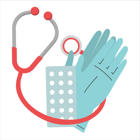Medical equipment vector isolated. Illustration of medicine tools, gloves, pills and stethoscope. Concept of medical treatment and healthcare. Set of professional tools.のイラスト素材