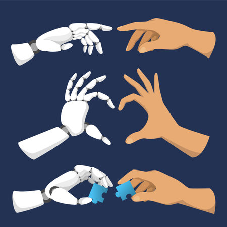 Robotic and human hands set vector isolated. Hand showing heart shape, fingers pointing at each other and holding puzzle pieces. Concept of future technology and artificial intelligence.のイラスト素材