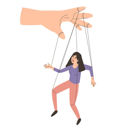 Woman as marionette in abuser hand vector isolated. Manipulation, control and power. Puppet on strings, concept of abuse in relationship. Unhappy female character.のイラスト素材