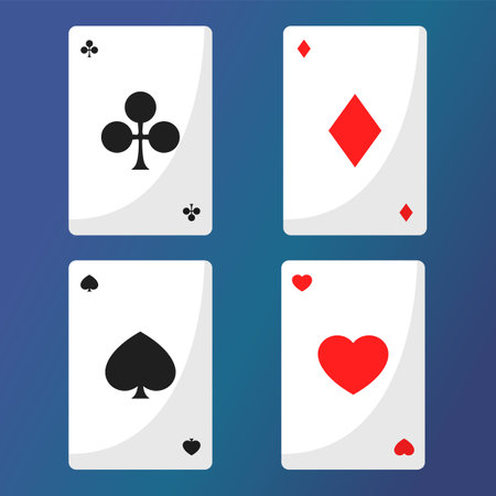 Playing cards of four suits set. Vector illustration of gaming icons. Heart, spade, diamond and club. Red and black symbols.のイラスト素材