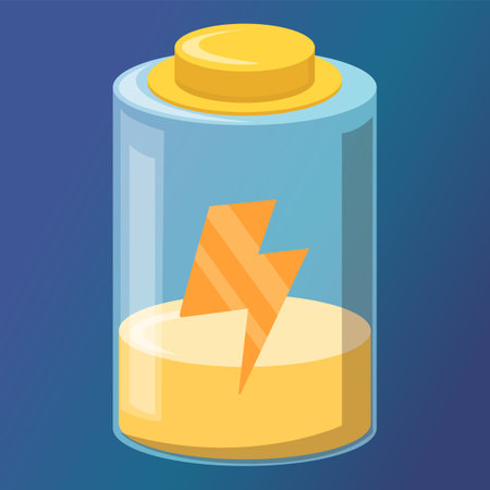 Low battery gaming icon. Vector illustration of a low electrical energy. Yellow indicator on battery. Low power, need to recharge.のイラスト素材