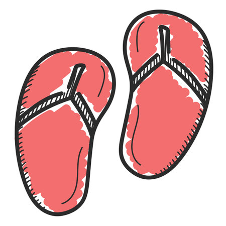 Doodle flip flops icon vector isolated. Hand-drawn illustration of beach slippers. Concept of summer and vacation. Seasonal footwear. Design element.のイラスト素材