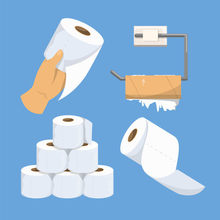 Toilet paper set. Vector illustration of soft white rolls. Hand holding towel. Toilet paper roll on metal holder.のイラスト素材