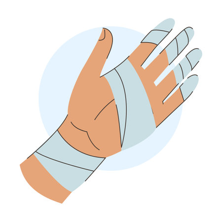 Bandage on palm of hand vector isolated. Injured skin on hand, trauma. Concept of medicine, first aid.のイラスト素材