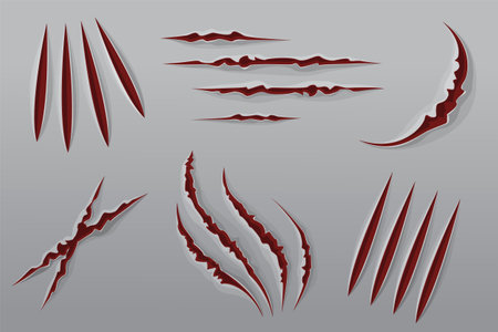 Claws scratches vector set. Illustration of hole in the paper. Collection of Halloween scary design elements. Claw scratch of the bear, cat or another wild animal. Texture of ripped paper.のイラスト素材
