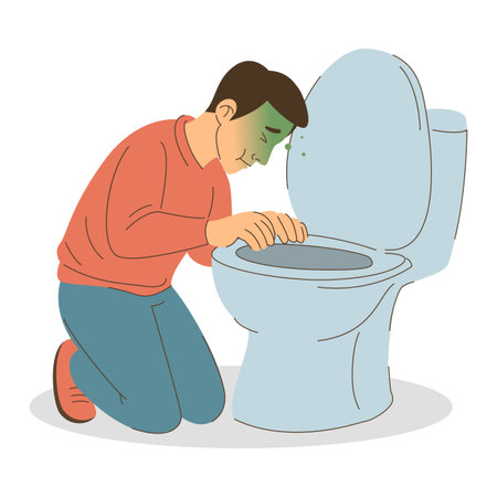 Young man sitting near the toilet, feeling unwell vector isolated. Illustration of a character suffering from nausea. Stomach disease, indigestion.のイラスト素材