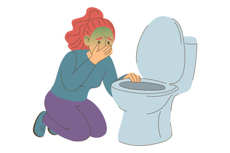 Woman suffering from nausea in toilet vector isolated. Female character feeling sick. Food poisoning, indigestion. Eating disorder. Pain in stomach, woman about to vomit.のイラスト素材