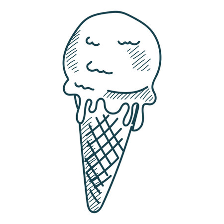 Ice cream doodle icon vector isolated. Hand-drawn illustration of a delicious dessert. Vanilla ice cream in waffle cone. Frozen sweet dessert.のイラスト素材