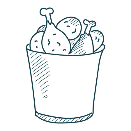 Fried drumsticks in a bucket doodle icon vector isolated. Hand-drawn illustration of chicken legs. Fast food, delicious meal. Crispy chicken meat.のイラスト素材