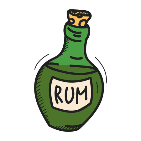 Glass bottle of rum doodle icon vector isolated. Hand-drawn illustration of a pirate drink. Alcohol beverage in a bottle.のイラスト素材