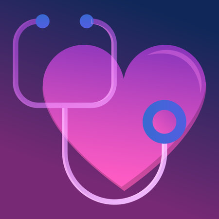 Stethoscope and heart icon. Vector illustration of a transparent glass stethoscope with red heart. Medical equipment, concept of healthcare and pharmacy. Doctor tool.のイラスト素材