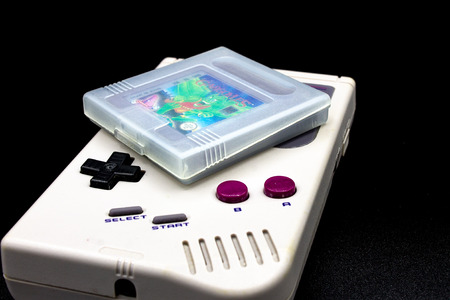 Naples, Italy 20 / April / 2019. A 90s portable video game. One of the first models that used mini-cassette games.のeditorial素材