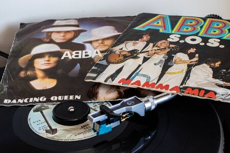 Naples, Italy 20 August 2019. Record player with vinyls in the foreground.のeditorial素材